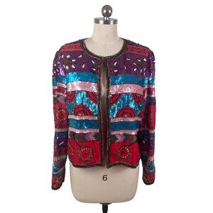 Leslie Faye Evening VTG Trophy Jacket Womens L Red Silk Embellished 80s Glam